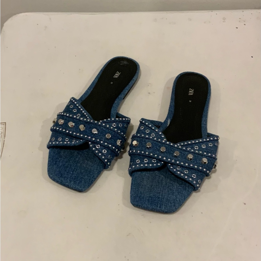 Zara Denim Rhinestoned Flats